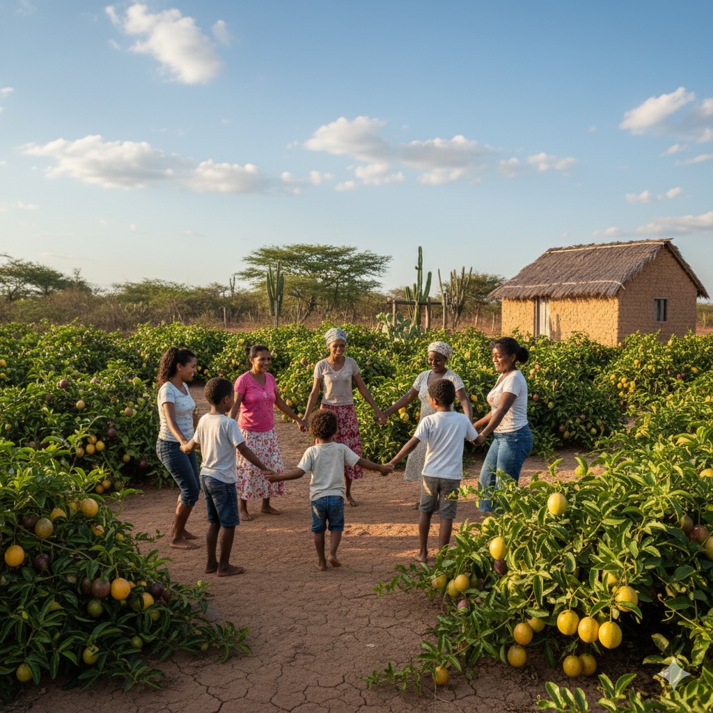 Uma família permanecendo em sua terra agora que a água chega até ela